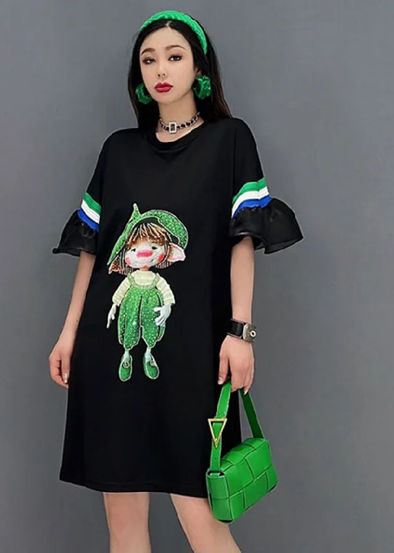 off-the-shoulder dressNatural Black O-Neck Patchwork Ruffles Print Cotton Maxi Dresses Short Sleeve