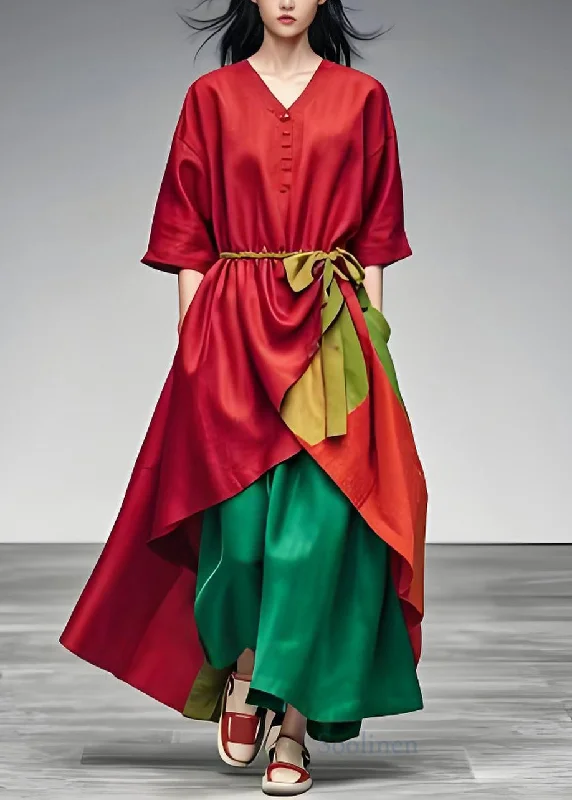 Stock Up and Save high-waisted dressOriginal Red V Neck Low High Design Patchwork Cotton Dress Summer Stock Up and Save high-waisted dressOriginal Red V Neck Low High Design Patchwork Cotton Dress Summer