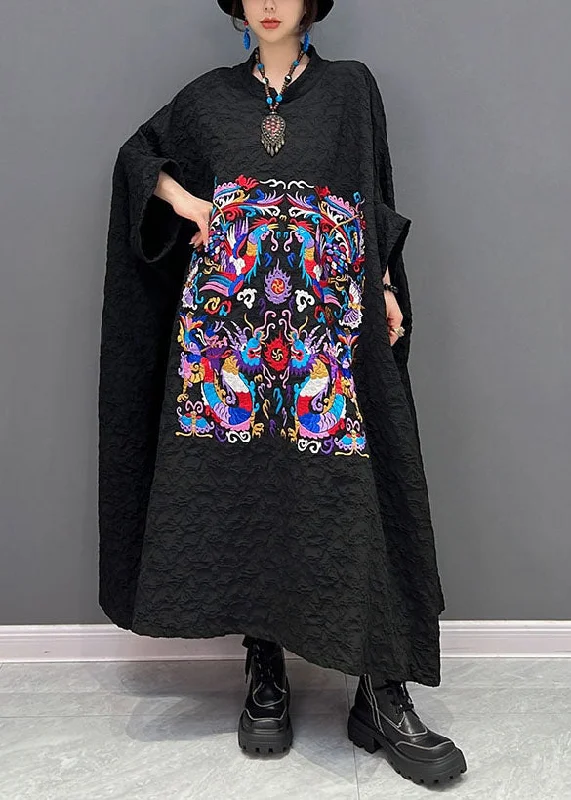 Closeout shift dressFrench Black printing Wrinkled Dresses Gown Batwing Sleeve