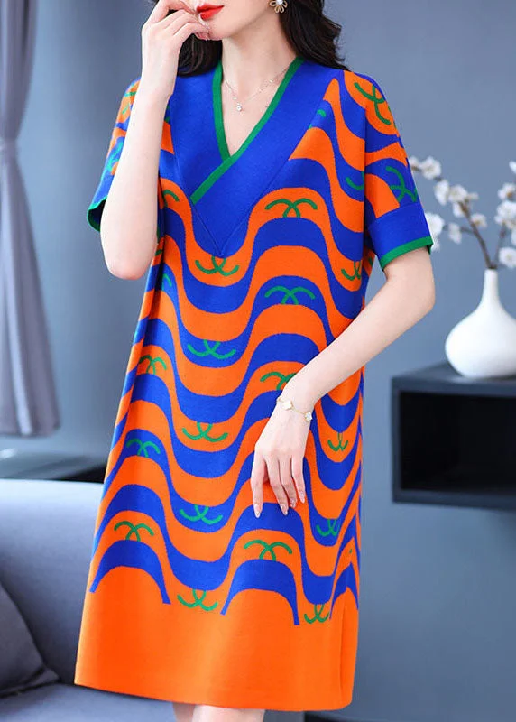 casual summer dressFine Orange Striped Print V Neck Knit Holiday Dress Short Sleeve