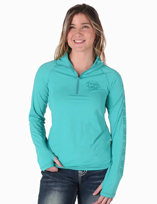 trendy jacketCowgirl Tuff Womens UPF Quarter Zip Turquoise Nylon Softshell Jacket