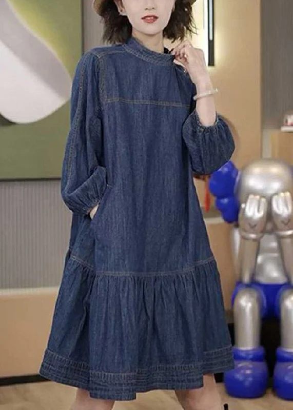 modern dressPlus Size Blue Patchwork Wrinkled Denim Mid Dresses Long Sleeve