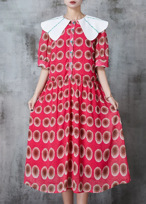 Deal Dash ruched dressBohemian Red Peter Pan Collar Print Chiffon Dress Summer