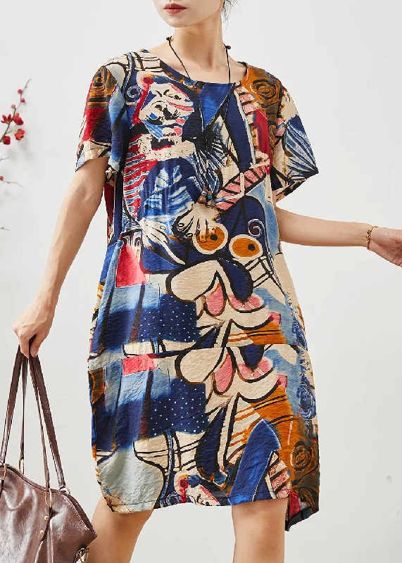 chic shift dressStylish Navy Oversized Print Cotton Mid Dress Summer