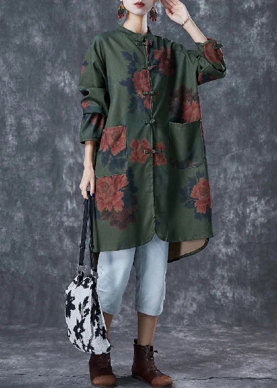 long-sleeve floral dressVintage Blackish Green Print Chinese Button Linen Long Shirts Fall