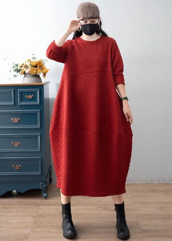 Flash Sale layered dressBoho Red O-Neck Patchwork Plaid Warm Fleece Dress Winter