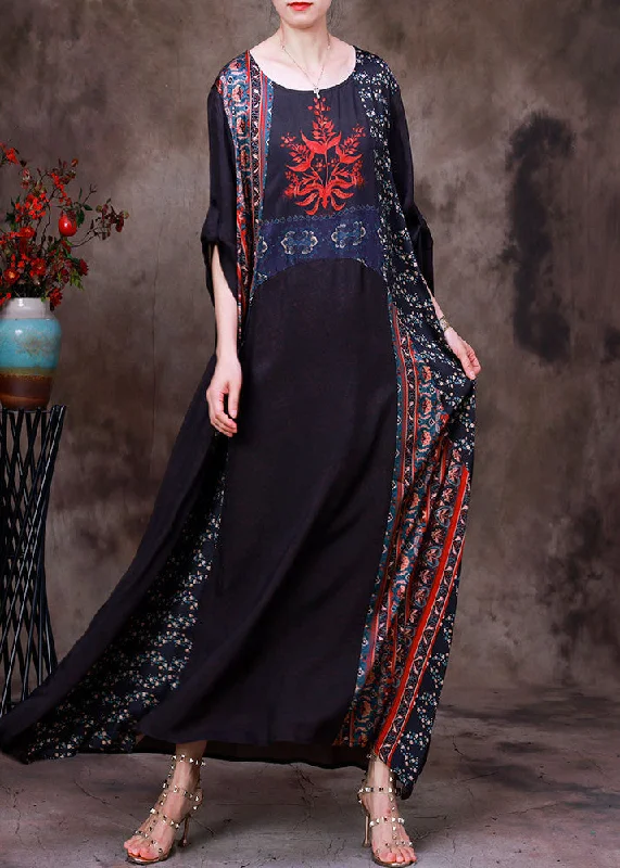 Exclusive Deal trendy mini dressBoho Chocolate Colour Print Patchwork Silk Maxi Dress Long Sleeve