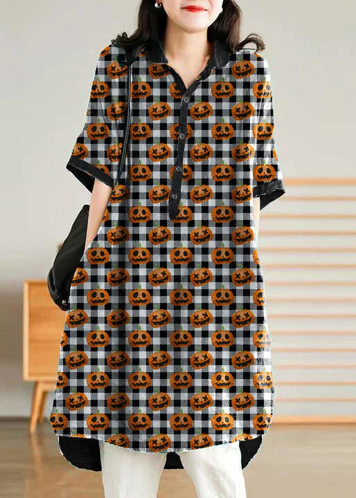 playful dressJade black-pumpkin stripes polka dots Linen Women Casual Linen Shirt Dress