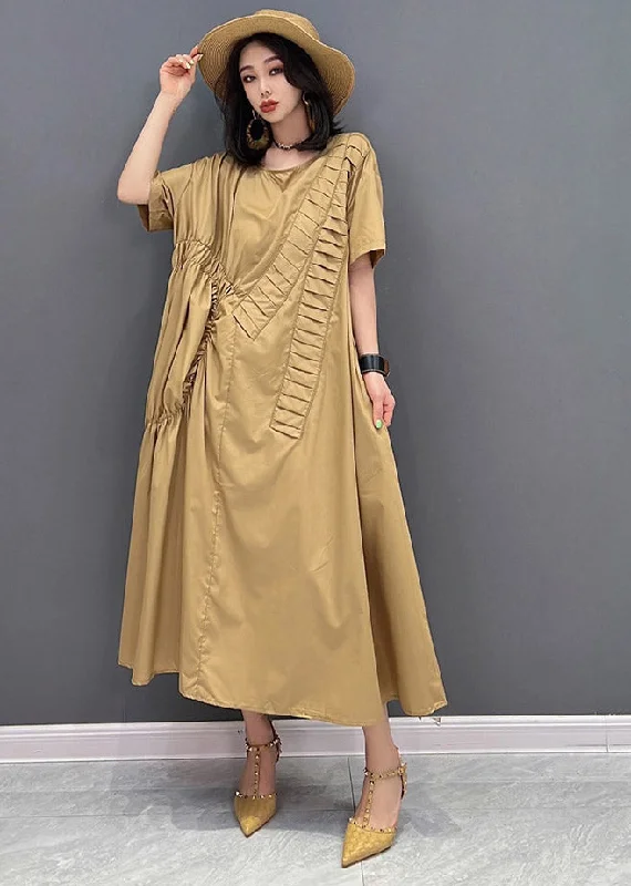 Unmissable Offer floral wrap dressClassy Khaki O-Neck Asymmetrical Wrinkled Pockets Long Dresses Short Sleeve