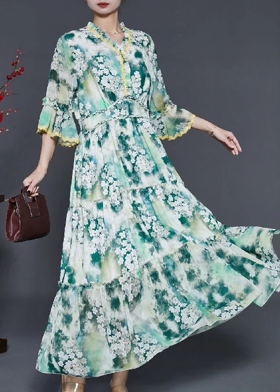 Daily Specials off-shoulder dressBohemian Green Ruffled Floral Chiffon Holiday Dress Summer Daily Specials off-shoulder dressBohemian Green Ruffled Floral Chiffon Holiday Dress Summer