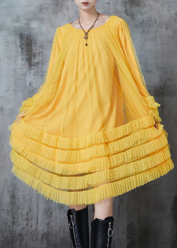 shift dressFashion Yellow Oversized Ruffled Tulle Maxi Dresses Spring