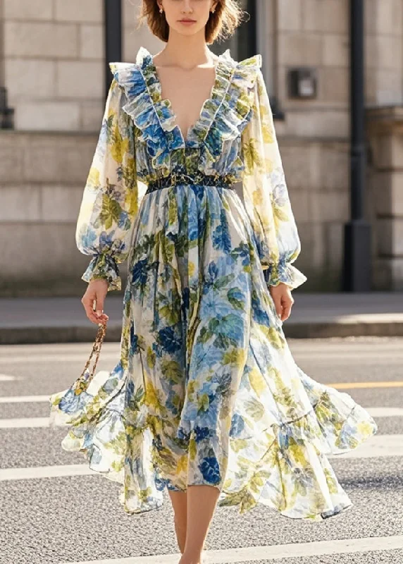 summer dressBeautiful Print Ruffled Silm Fit Chiffon Beach Dress Spring