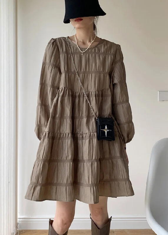 trendy dressKhaki Patchwork Cotton Mid Dresses Wrinkled O Neck Fall