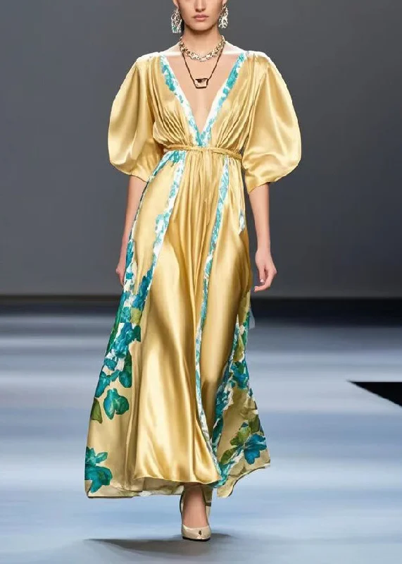 Stock Up and Save A-line dressSimple Golden V Neck Print Silk Cinched Dresses Summer