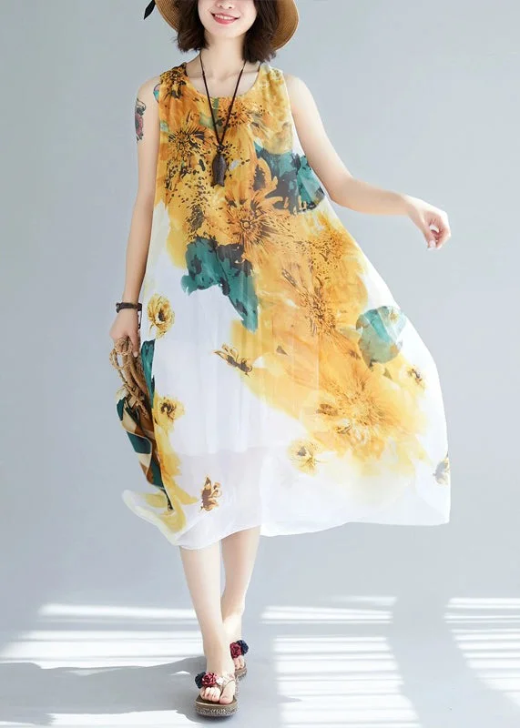 Year-End Sale modern dressStylish Yellow O-Neck Print Chiffon Dresses Sleeveless
