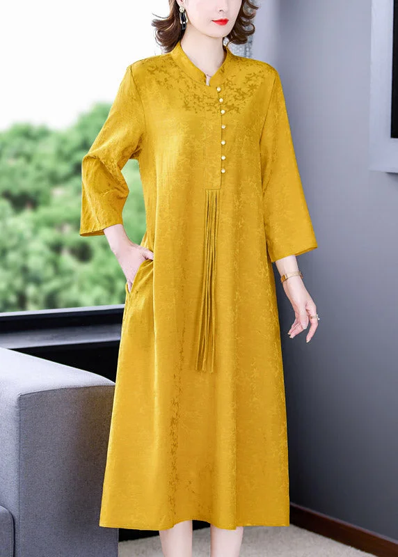 Quick Sale casual slip dressElegant Yellow Stand Collar Tassel Button Silk Long Dresses Long Sleeve