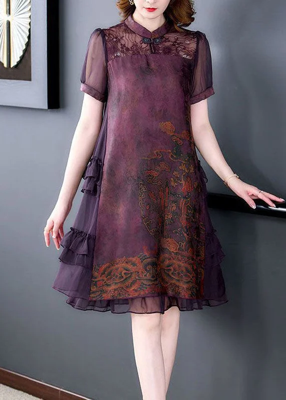 casual shift dressChinese Style Red Stand Collar Patchwork Ruffles Silk Dress Summer