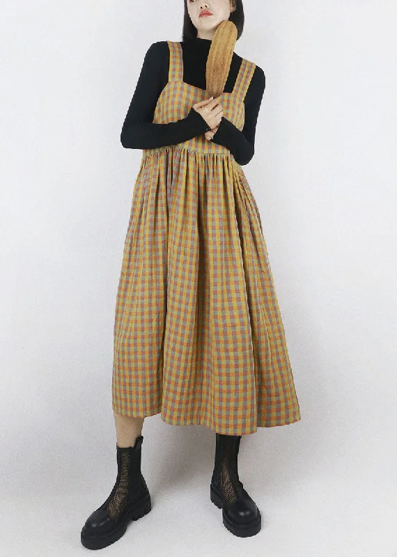 Price Meltdown satin midi dressDIY Yellow Plaid Patchwork Wrinkled Wear On Both Sides Cotton Vacation Strap Dresses Summer