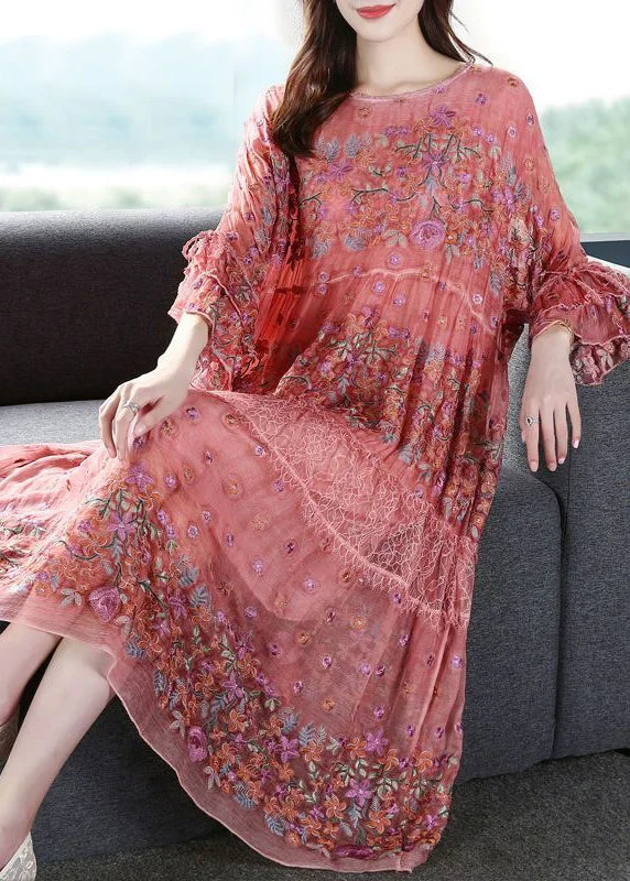 Mega Sale summer dressChic Pink O-Neck Oversized Embroideried Silk Dresses Flare Sleeve