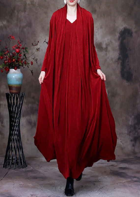 Savings Bonanza sleek midi dressRed V Neck Fake Two Pieces Silk Long Dresses Long Sleeve Savings Bonanza sleek midi dressRed V Neck Fake Two Pieces Silk Long Dresses Long Sleeve