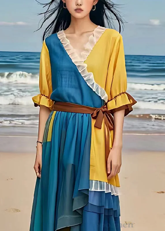 Stock Clearance satin midi dressElegant Blue Ruffled Tie Waist Patchwork Chiffon Dress Flare Sleeve Stock Clearance satin midi dressElegant Blue Ruffled Tie Waist Patchwork Chiffon Dress Flare Sleeve