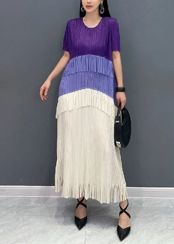 Markdowns layered dressStyle Purple Tasseled Patchwork Silk Long Dresses Summer