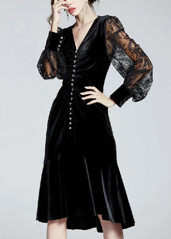 Instant Savings statement dressFine Black V Neck Embroideried Tulle Patchwork Slim Velour Fishtail Dresses Spring