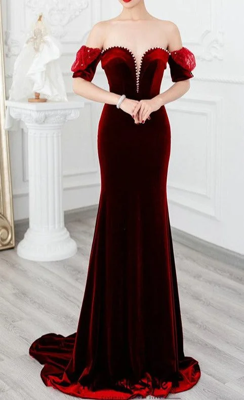 Price Fest velvet dressFit and Flare Off Shoulder Sleeve Deep Red Velvet Party Dress