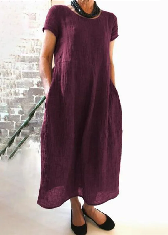 Deep Discounts satin dressLoose Wine Red O Neck Pockets Cotton Dress Summer