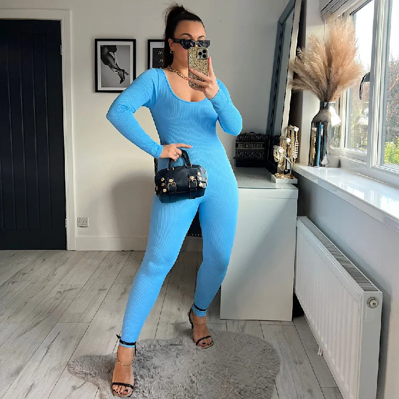 Savings Alert PARIS Blue Ribbed Unitard Jumpsuit