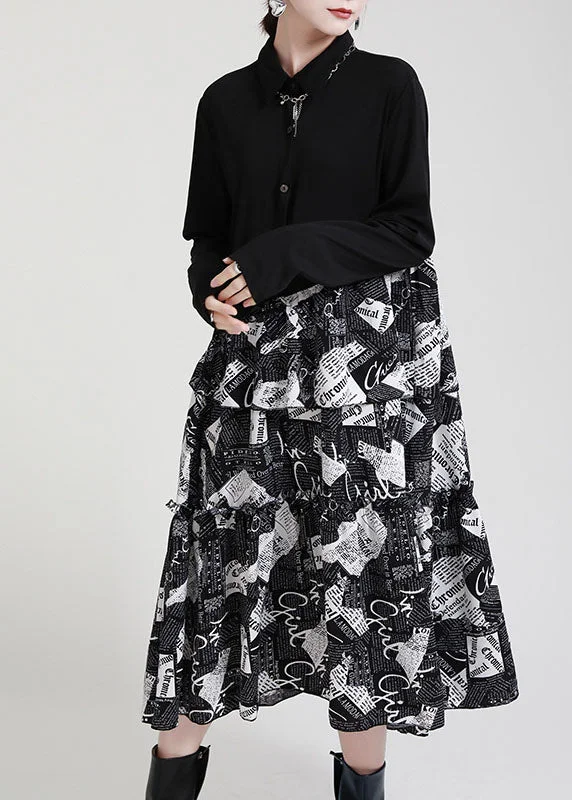 Limited Time Offer knit dressArt Black Ruffled Patchwork Chiffon Long Dresses Fall