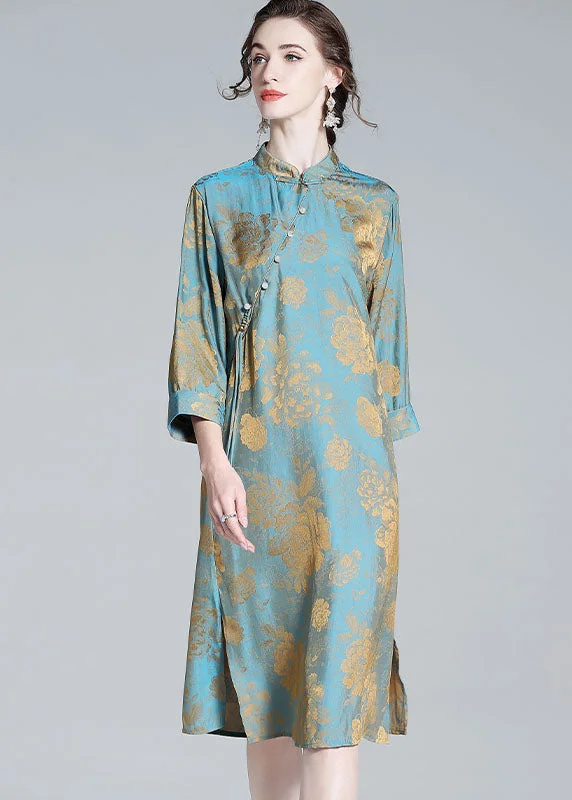 Seasonal Clearance vintage-inspired dressChinese Style Blue Tasseled Patchwork Jacquard Silk Dresses Spring