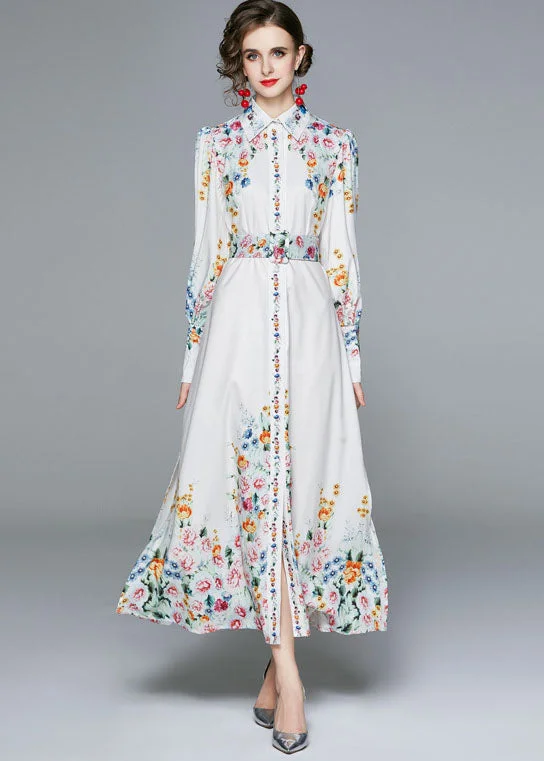 Big Discounts satin dressFrench White Peter Pan Collar Print Chiffon Dresses Fall