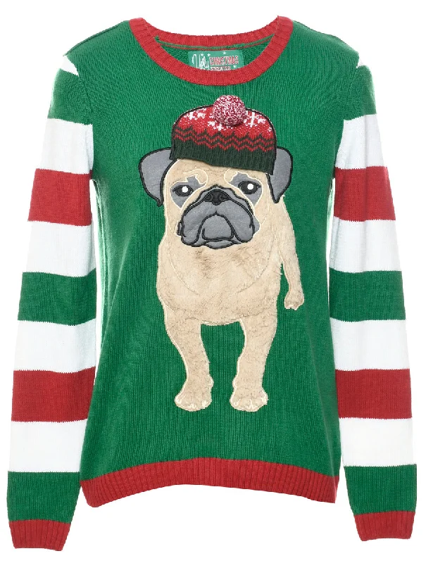 chic wool coatPug Patchwork Dark Green Christmas Jumper - M