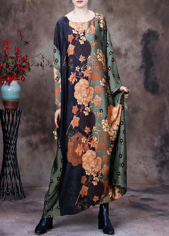 Extra Savings mini dressBohemian Green Print Silk Maxi Dress Batwing Sleeve