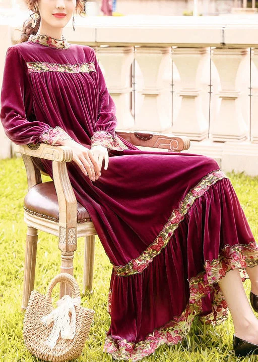 Unbeatable Prices pleated maxi dressStyle Purple Stand Collar Patchwork Embroideried Silk Velour Robe Dresses Spring