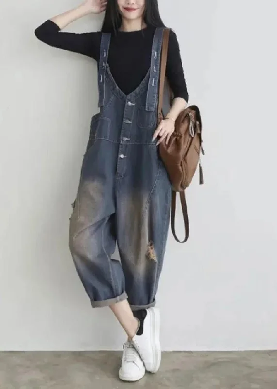 Super Sale Elegant Blue V Neck Patchwork Button Jumpsuit Summer TY1042