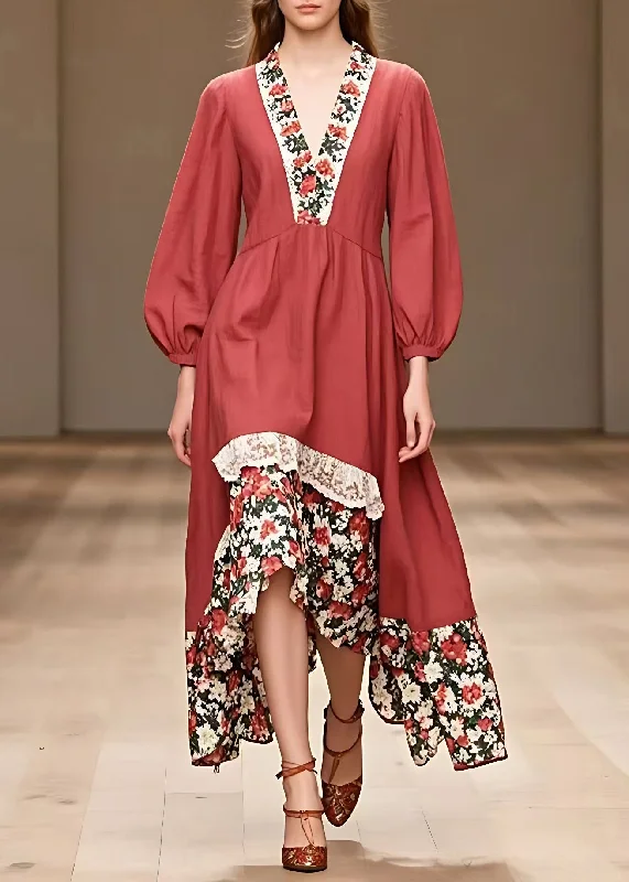 Super Deal winter dressOrganic V Neck Print Patchwork Long Dresses Long Sleeve
