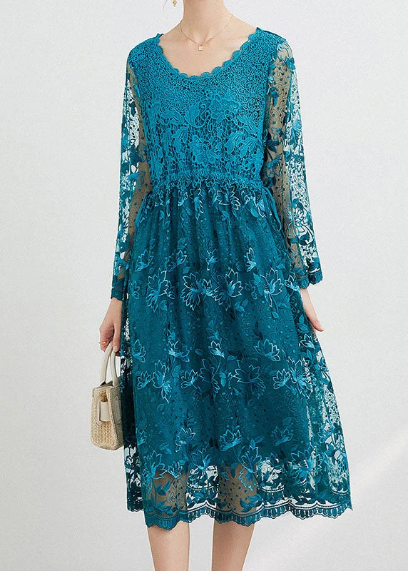 Clearance Event denim dressWomen Blue O Neck Embroideried Patchwork Long Dresses Spring