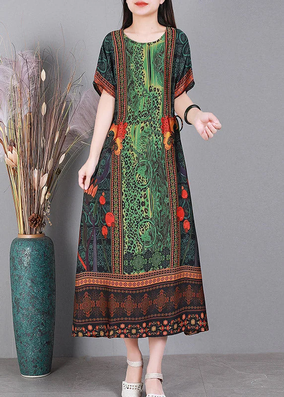 Bargain Prices fitted cocktail dressSimple Green O-Neck Print Silk Long Dresses Short Sleeve