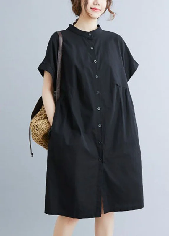 chic wrap dressStyle Black Stand Collar Wrinkled Cotton Shirt Dress Summer