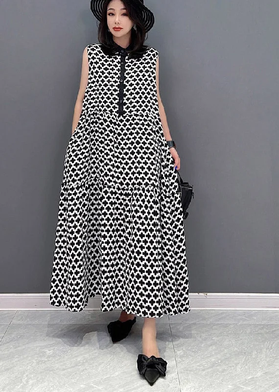 Instant Discount long sleeve dressPlus Size Black Peter Pan Collar Print Button Pockets Dress Sleeveless
