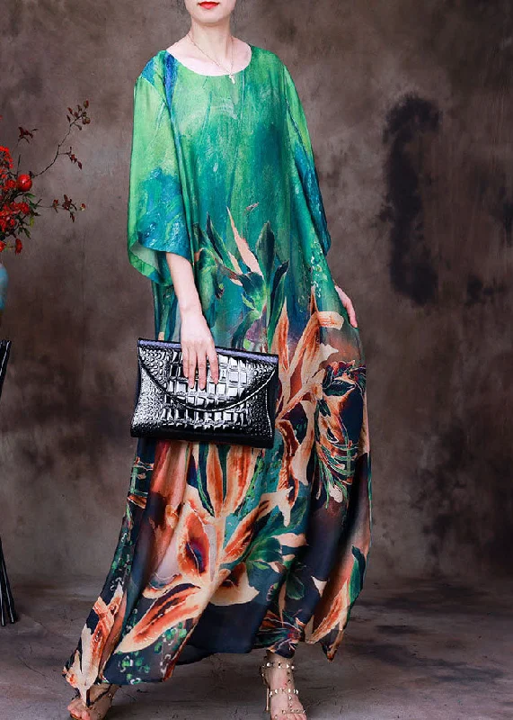 Super Sale pleated dressWomen Green O-Neck Oversized Print Pockets Silk Beach Dresses Bracelet Sleeve Super Sale pleated dressWomen Green O-Neck Oversized Print Pockets Silk Beach Dresses Bracelet Sleeve