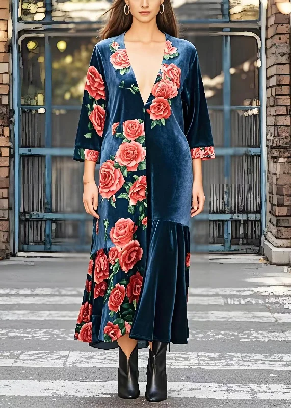 shift dressDIY Navy Deep-V Neck Floral Silk Velvet Maxi Dress Bracelet Sleeve