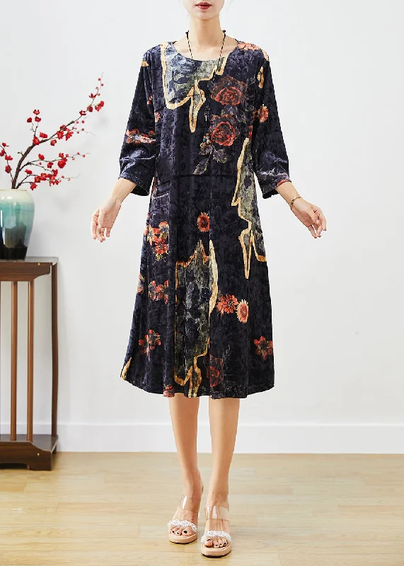 casual dressOrganic Black Oversized Print Silk Velour Maxi Dresses Fall