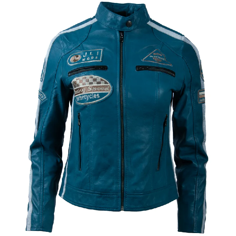 Savings Bonanza relaxed winter jacketQOOC Women's Racing Biker - Denim Blue