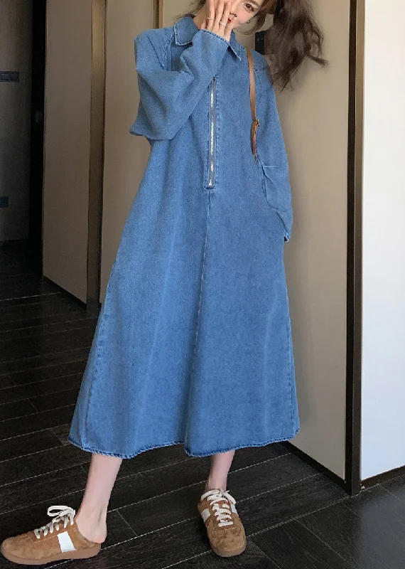 chic slip dressNatural Denim Blue Peter Pan Collar Zippered Patchwork Long Dress Spring