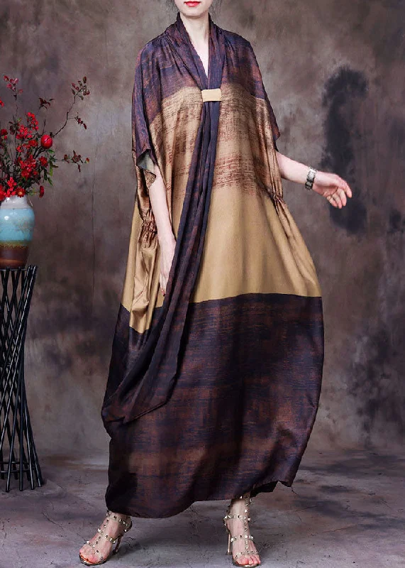 Factory Direct Sale chic dressBohemian Yellow Chocolate Bow Collar Print Silk Dress Batwing Sleeve