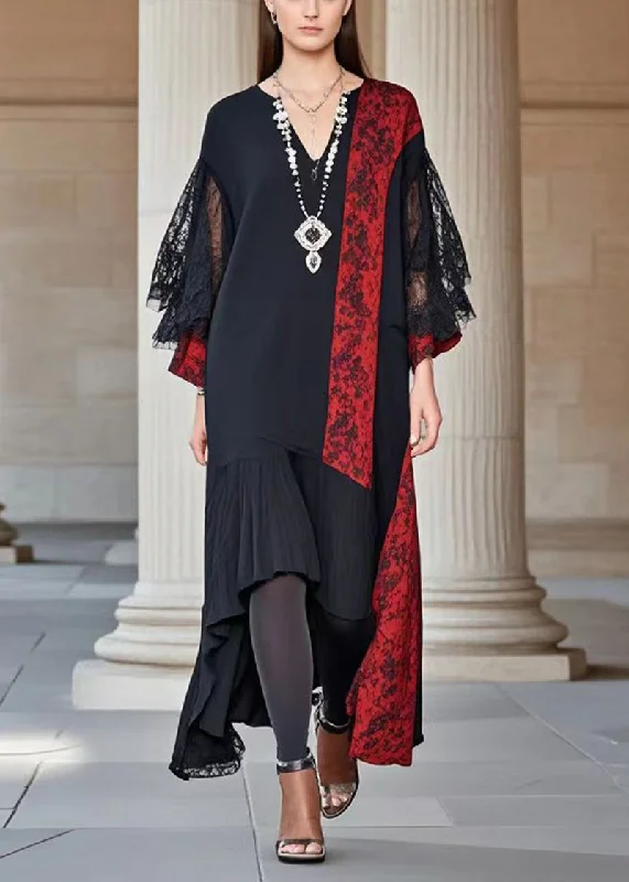 Weekend Deal comfy dressBlack Patchwork Lace Dress Asymmetrical Design Fall
