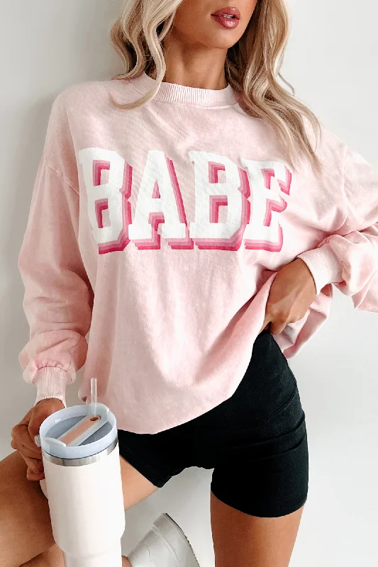 Deal Frenzy athletic streetwear sweatshirt"Babe" Acid Wash Graphic Sweatshirt (Washed Pink)